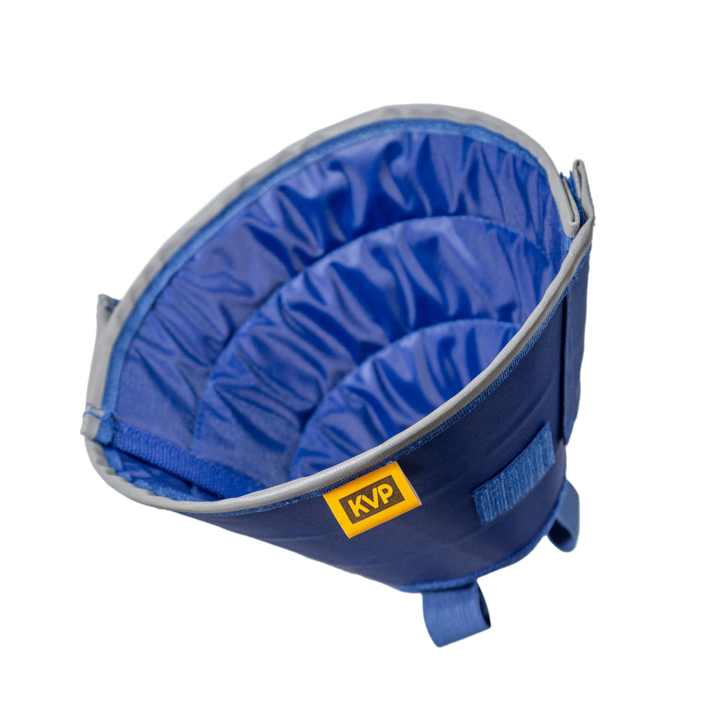 Blue KVP Calmer collar showing its lining and fabric exterior